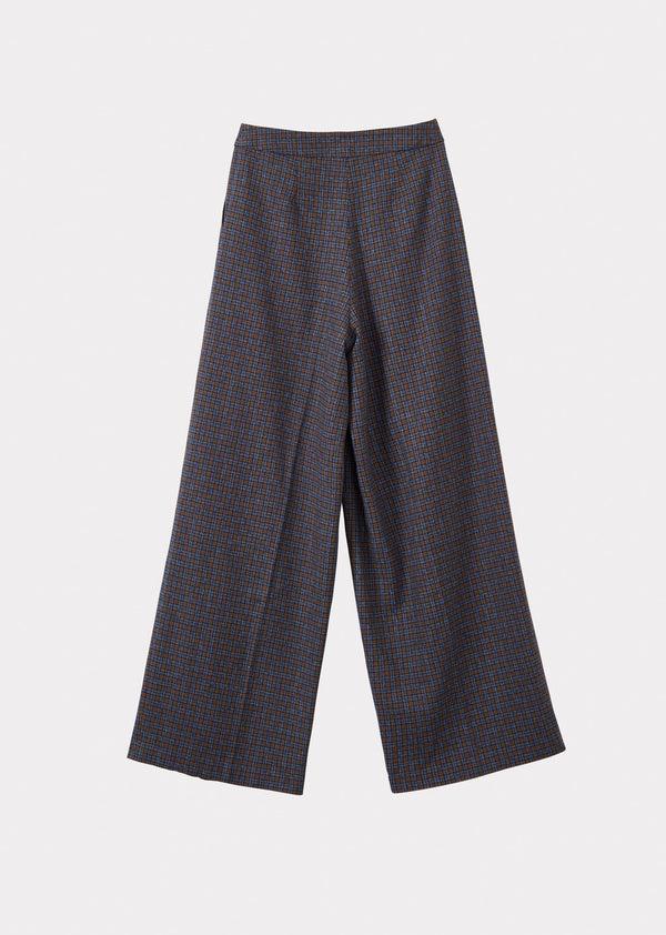 Caramel WOMEN'S COTTON PLEAT-DETAIL TROUSERS - BLUE CHECK TWEEDY
