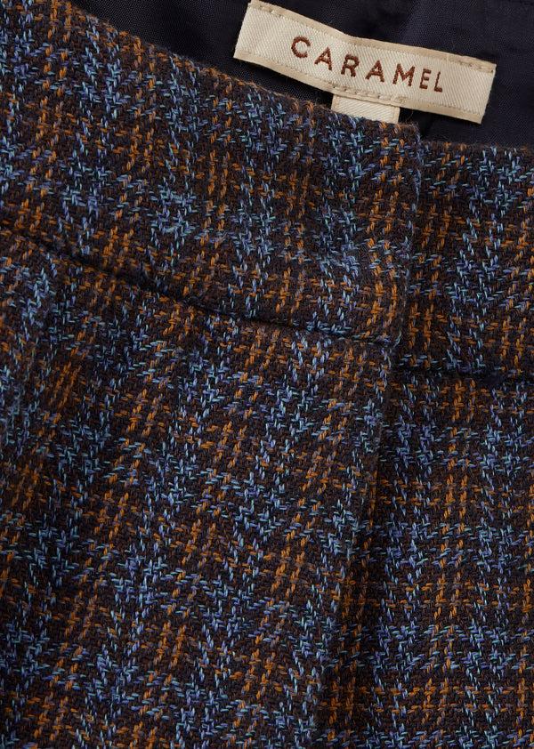 Caramel WOMEN'S COTTON PLEAT-DETAIL TROUSERS - BLUE CHECK TWEEDY