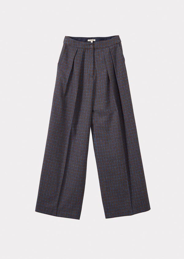 caramel WOMEN'S COTTON PLEAT-DETAIL TROUSERS - BLUE CHECK TWEEDY