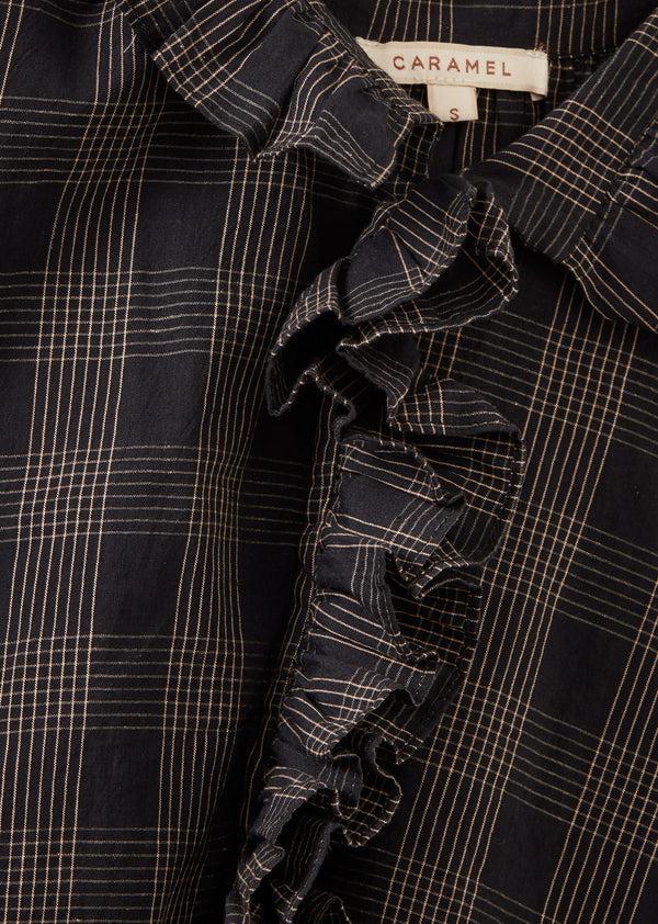 Caramel WOMEN'S FRILL COLLAR COTTON BLOUSE - BLACK / ECRU CHECK