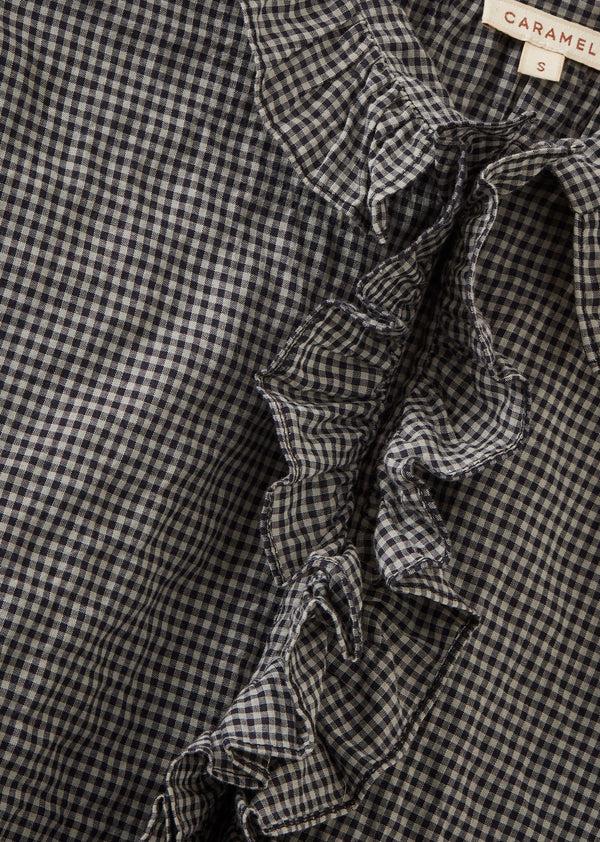 Caramel WOMEN'S FRILL COLLAR COTTON BLOUSE - BLACK/ GREY CHECK