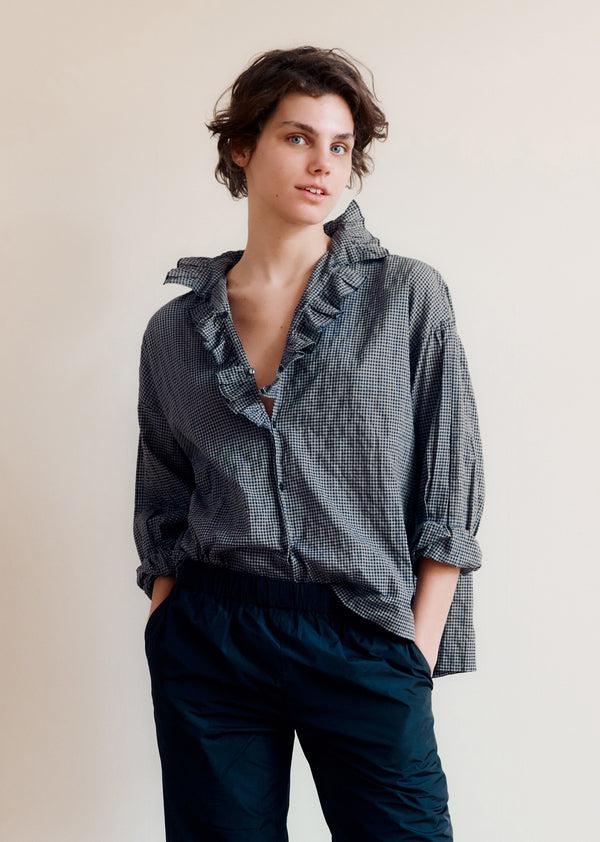 Caramel WOMEN'S FRILL COLLAR COTTON BLOUSE - BLACK/ GREY CHECK