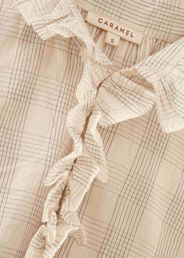 Caramel WOMEN'S FRILL COLLAR COTTON BLOUSE - ECRU / GREY CHECK