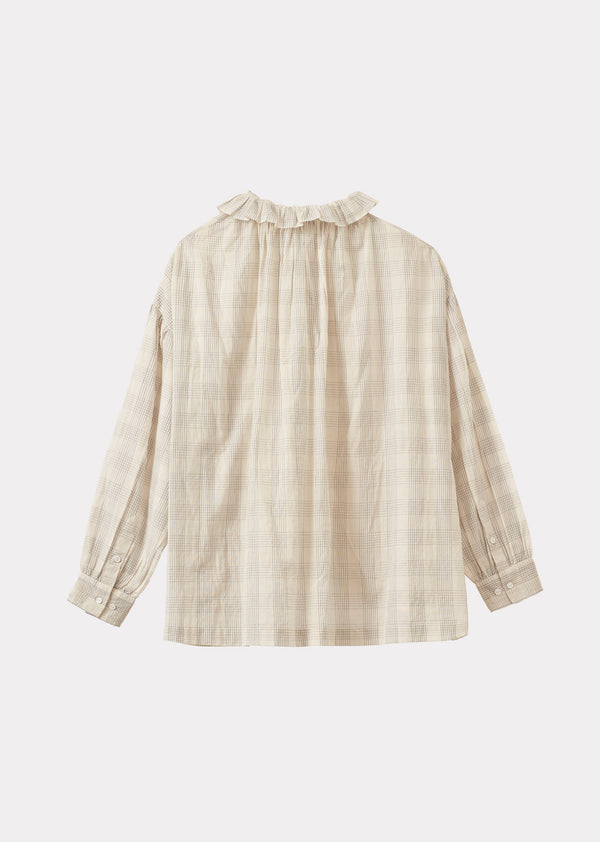 Caramel WOMEN'S FRILL COLLAR COTTON BLOUSE - ECRU / GREY CHECK