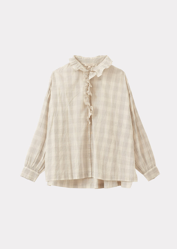 caramel WOMEN'S FRILL COLLAR COTTON BLOUSE - ECRU / GREY CHECK