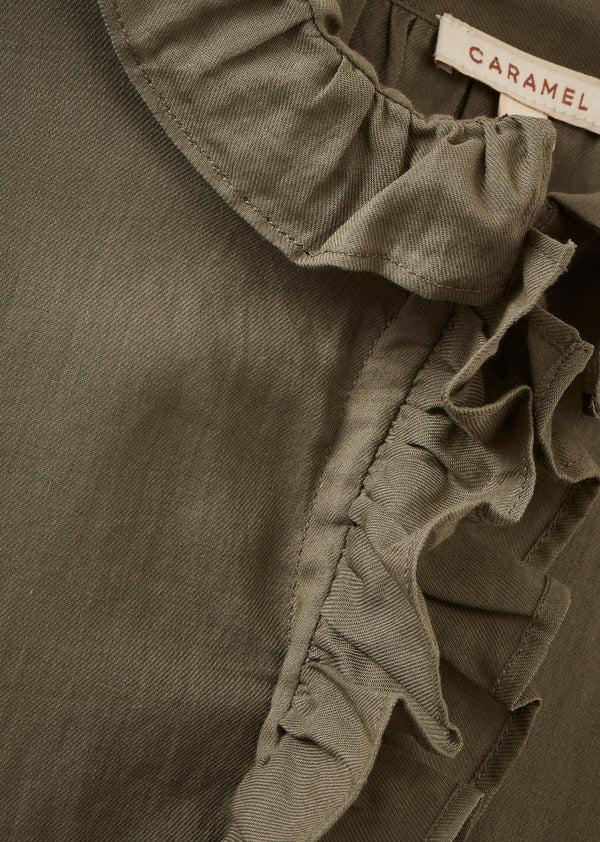Caramel WOMEN'S FRILL COLLAR COTTON BLOUSE - GREY GREEN
