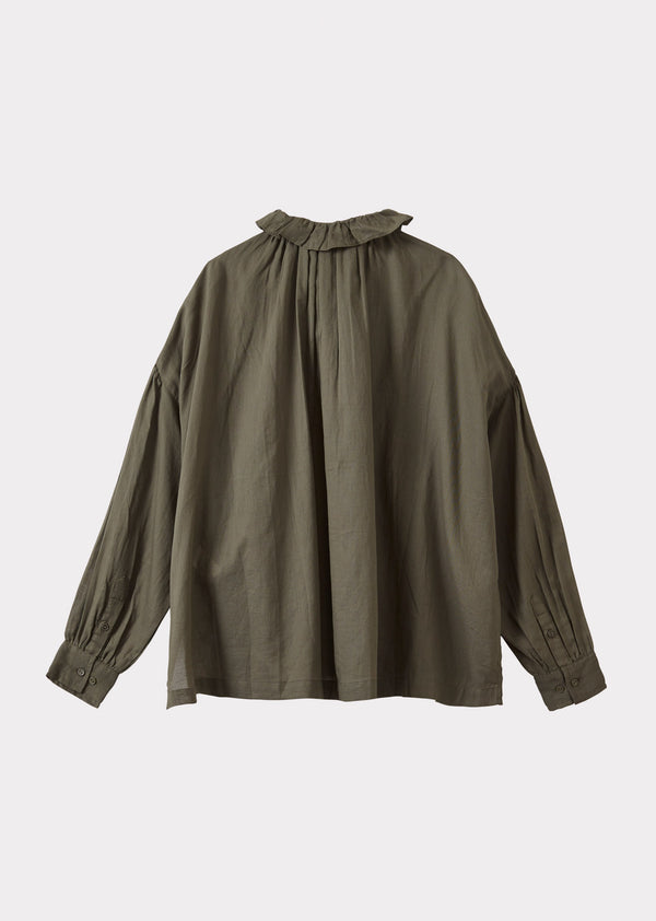 Caramel WOMEN'S FRILL COLLAR COTTON BLOUSE - GREY GREEN