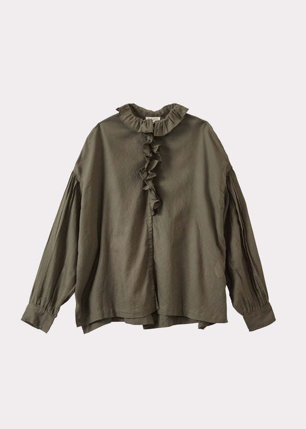 caramel WOMEN'S FRILL COLLAR COTTON BLOUSE - GREY GREEN