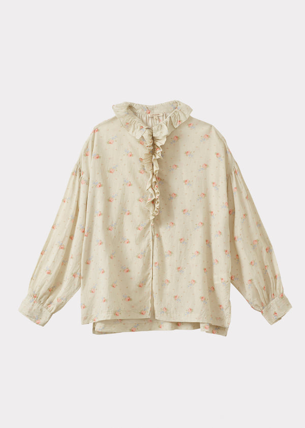 caramel WOMEN'S FRILL COLLAR COTTON BLOUSE - ROSE BOUQUET PRINT