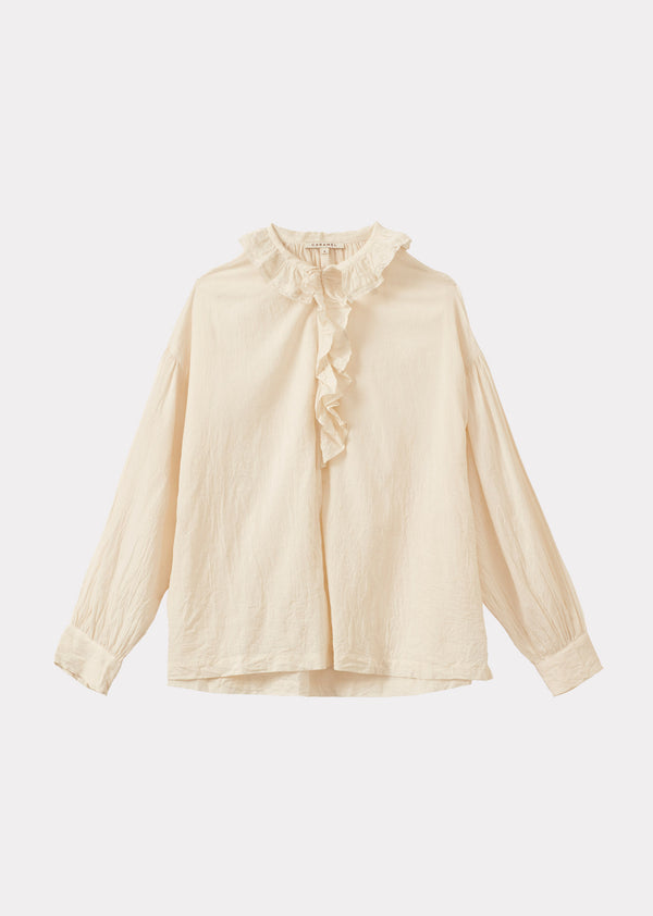 caramel WOMEN'S FRILL COLLAR COTTON BLOUSE - WHITE VOILE