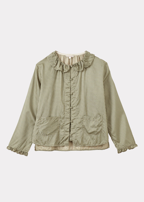 caramel WOMEN'S FRILL COLLAR SHIRT - GREEN GINGHAM MICRO-CHECK