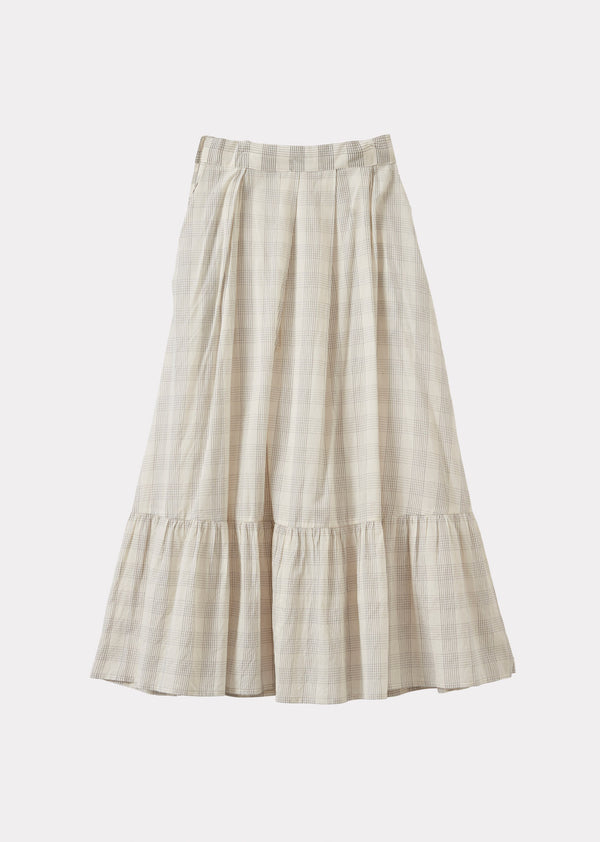 Caramel WOMEN'S PLEATED FRILL COTTON SKIRT - ECRU / GREY CHECK