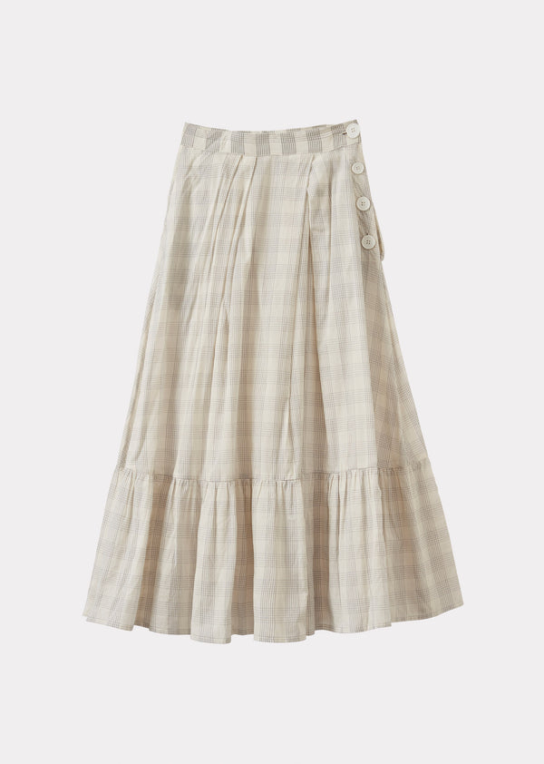 caramel WOMEN'S PLEATED FRILL COTTON SKIRT - ECRU / GREY CHECK