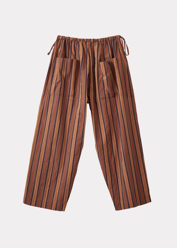 Caramel WOMEN'S TIE-DETAIL TROUSERS - BROWN MULTI-STRIPES