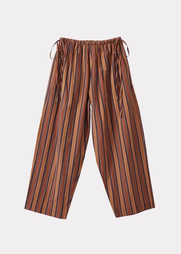 caramel WOMEN'S TIE-DETAIL TROUSERS - BROWN MULTI-STRIPES