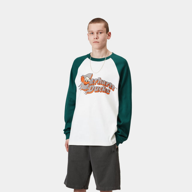 Carhartt Work In Progress Carhartt WIP Flaming Ducks Baseball Long Sleeve T-Shirt | White / Rainforest