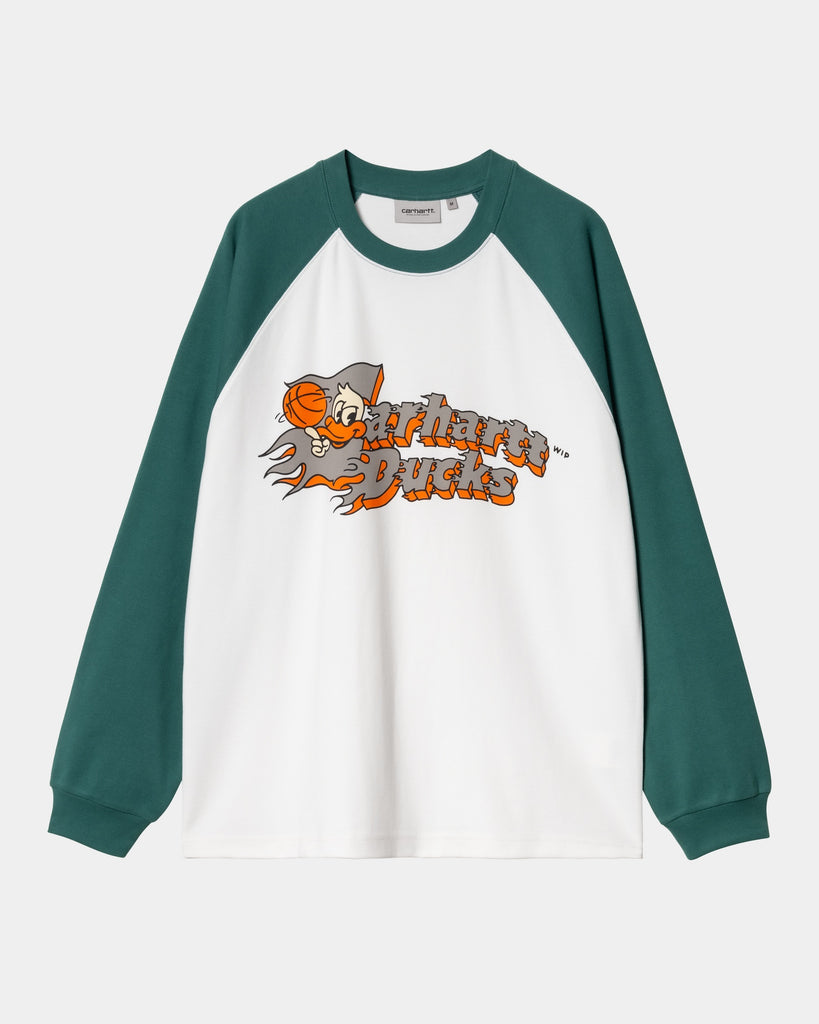 carhartt work in progress Carhartt WIP Flaming Ducks Baseball Long Sleeve T-Shirt | White / Rainforest