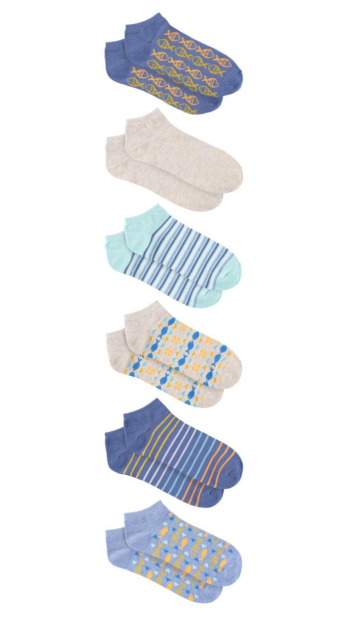 caribbean joe Aztec Fish 6-Pack No Show Socks