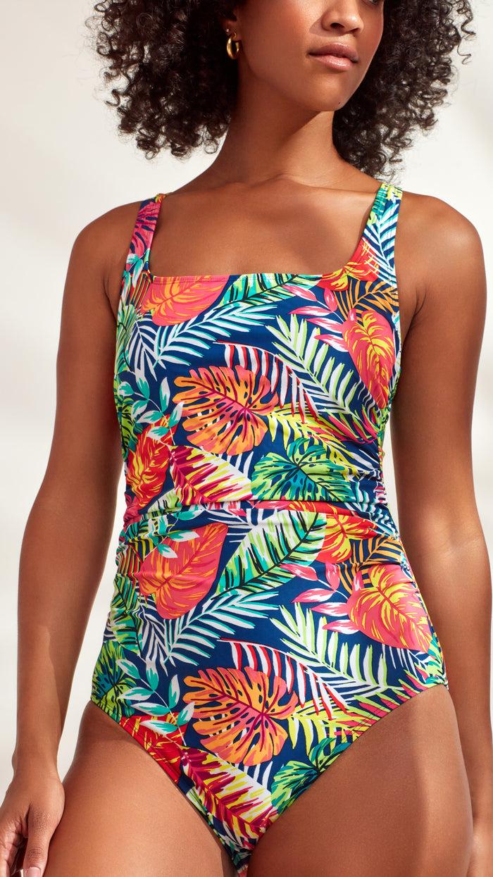 Caribbean Joe Palm Print Side-Shirred One Piece