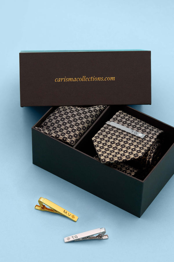 carisma Carisma Black Signature Tie & Pocket Square & Carisma Crest Tie Clip Gift Set