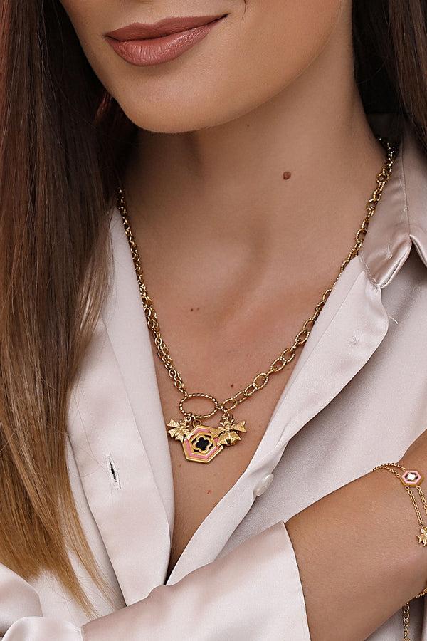 Carisma Reġina Pink & Black Enamel Charm Necklace