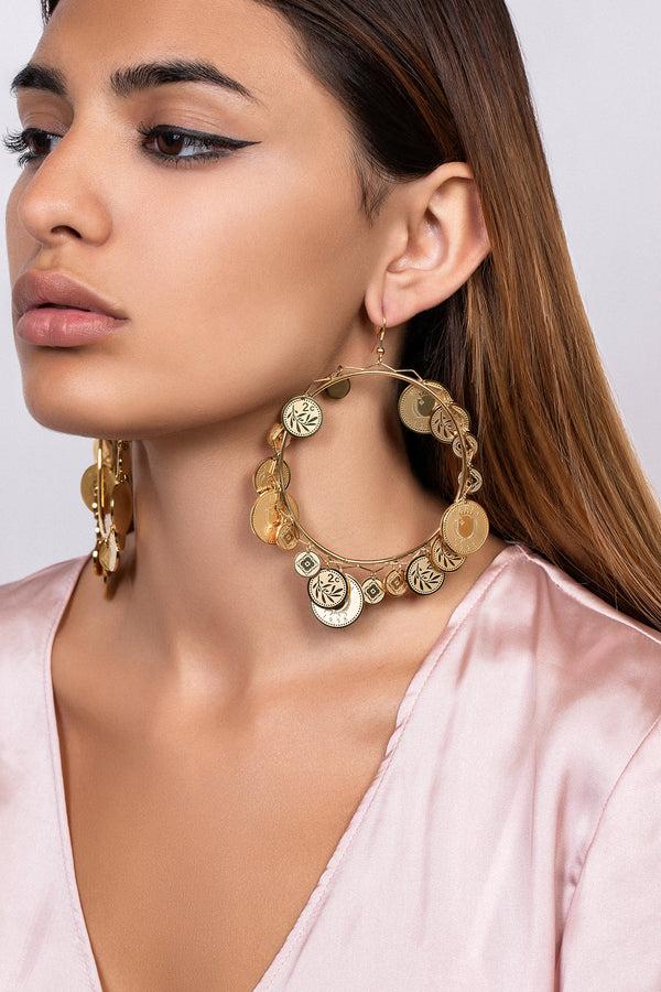 Carisma Elena's 18 Coin Pendant Unique Hoop Earring Set