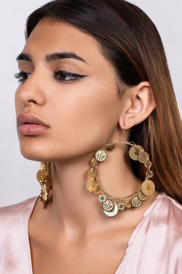 Carisma Elena's 18 Coin Pendant Unique Hoop Earring Set