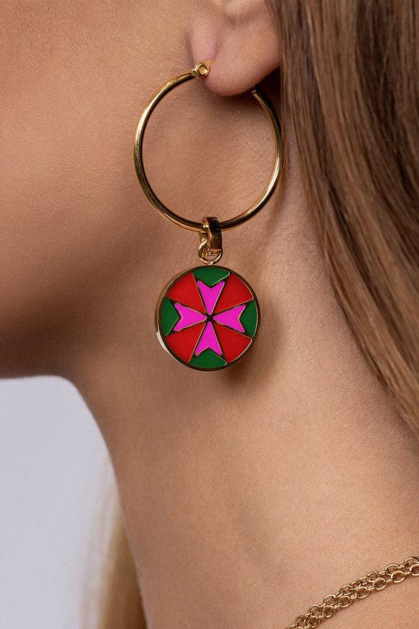 Carisma Fuchsia & Green Maltese Cross Pendant Earring Set