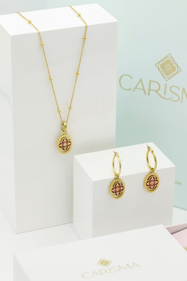 carisma Lellux Burgundy Maltese Tile Pendant & Earring Gift Set