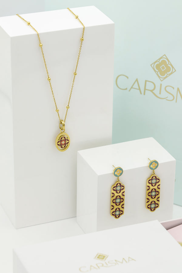 carisma Lellux Burgundy Maltese Tile Pendant & Lellux Teal and Burgundy Maltese Tile Drop Earrings Gift Set