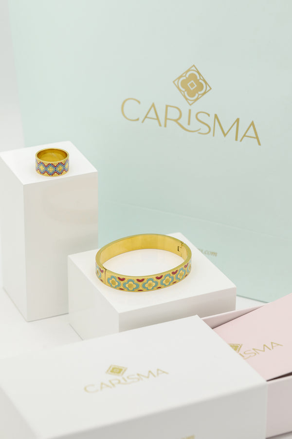 carisma Lellux Teal & Burgundy Maltese Tile Bangle & Ring Gift Set