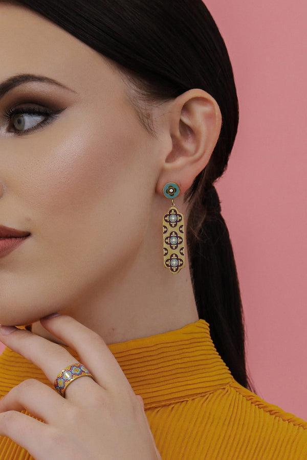 Carisma Lellux Teal & Burgundy Maltese Tile Drop Earrings