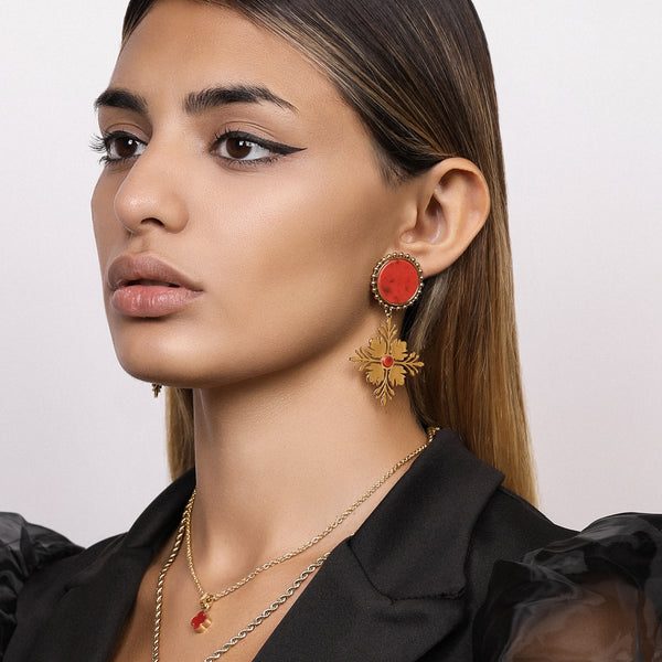 Carisma Maltese Tile Pattern Stud Earrings With Flame Stone