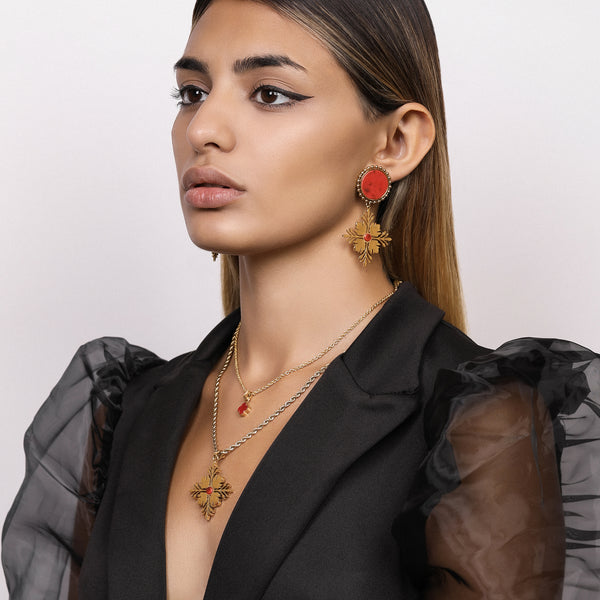 Carisma Maltese Tile Pattern Stud Earrings With Flame Stone