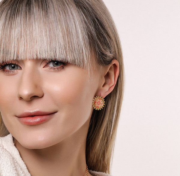 Carisma Maltese Tile Print Stud Earring Set - Red & Ochre