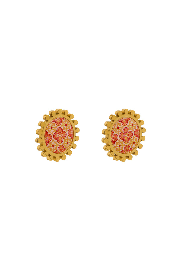 carisma Maltese Tile Print Stud Earring Set - Red & Ochre