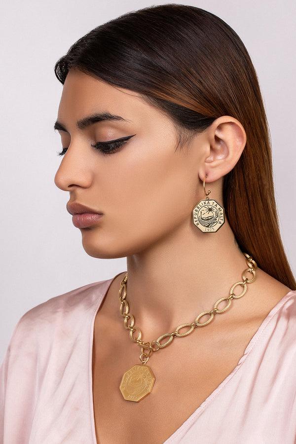 Carisma Octagon 25 Cent Luzzu Coin Pendant Hoop Earring Set