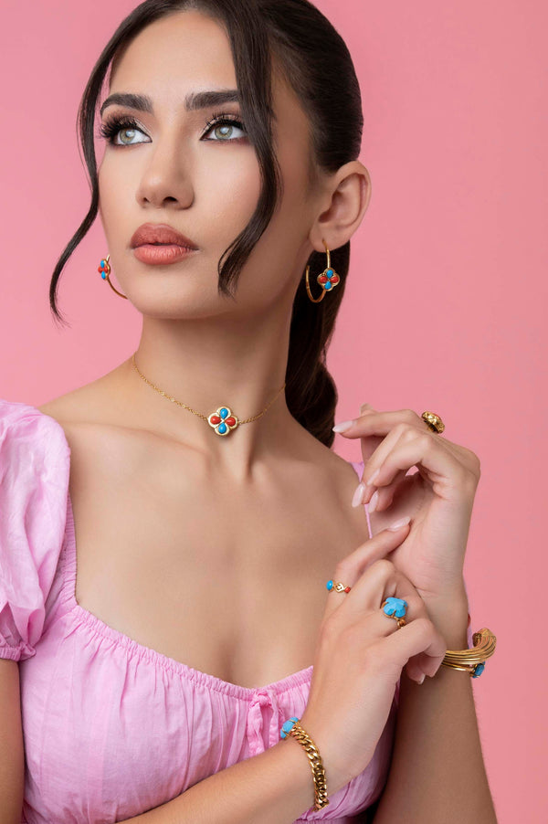 Carisma Olimpia's Coral & Turquoise Hoop Earring Set & Choker Gift Set