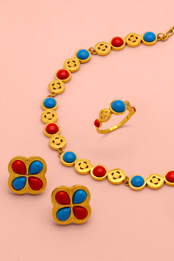 carisma Olimpia's Coral & Turquoise Statement Choker Stud Earring Set & Ring Gift Set