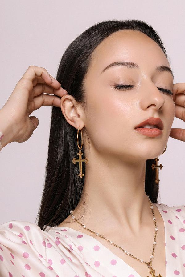 Carisma Pink Crystals Carisma Cross Pendant Earring Set