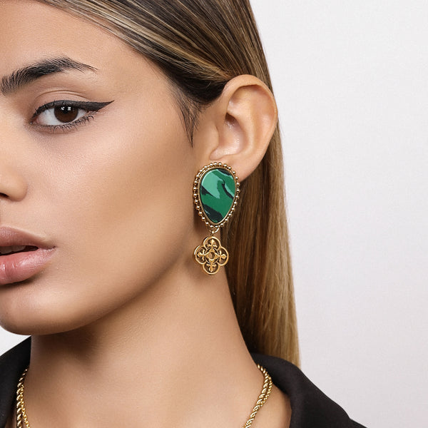 Carisma Plaza Green Stone Maltese Tile Pattern Drop Earring Set
