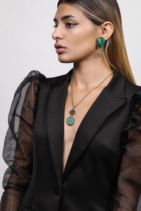 Carisma Plaza Green Stone Maltese Tile Pattern Drop Earring Set