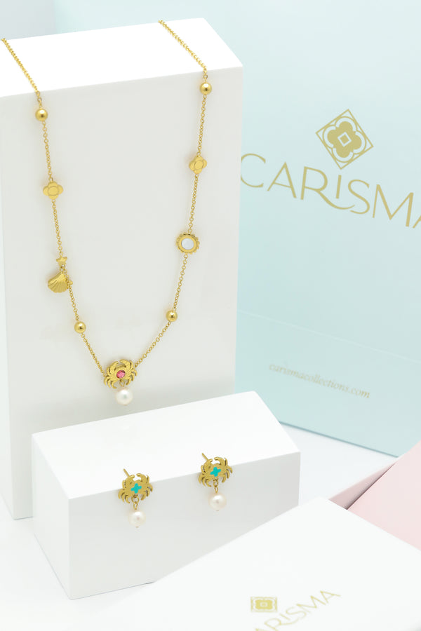 carisma Qabru FreshWater Pearl Drop Stud Earrings & Qabru Multi Charm Necklace Gift Set