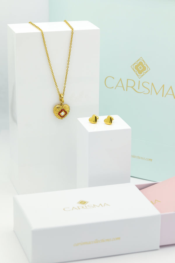 carisma Red Heart Enamel Engravable Pendant & Heart of Gold Studs Gift Set