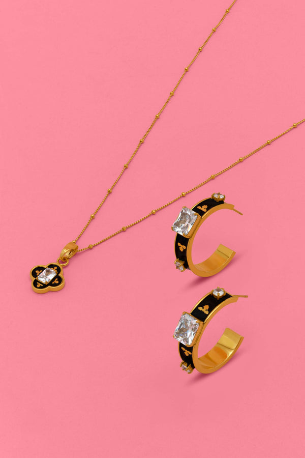carisma Royal Tile Black Enamel Hoop Earring Set & Pendant Gift Set