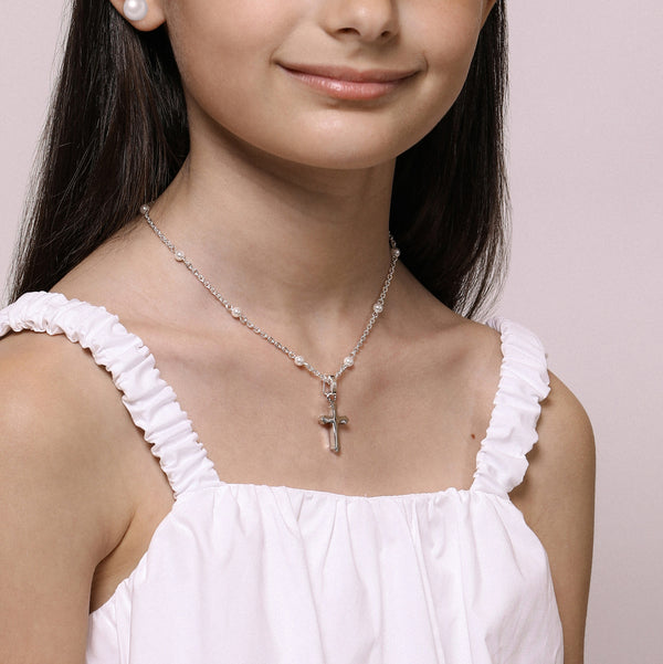 Carisma Silver Cross Pendant & Pearl Ball Chain Necklace