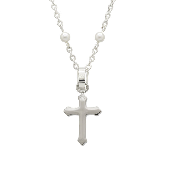 Carisma Silver Cross Pendant & Pearl Ball Chain Necklace