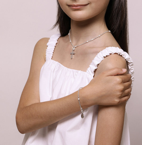 Carisma Silver Cross Pendant & Pearl Ball Chain Necklace