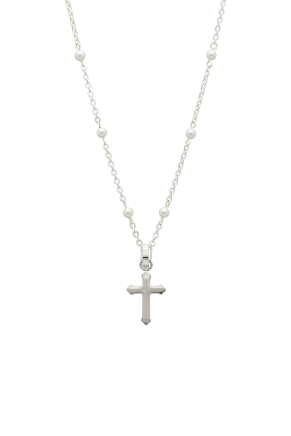 carisma Silver Cross Pendant & Pearl Ball Chain Necklace