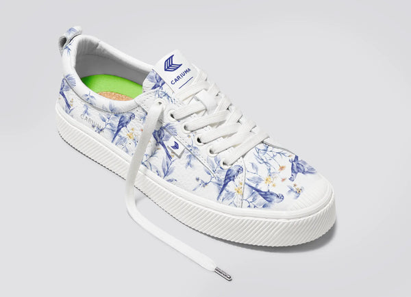 Carma Shoes OCA Low White Pebbled Leather/Blue Parrot Print